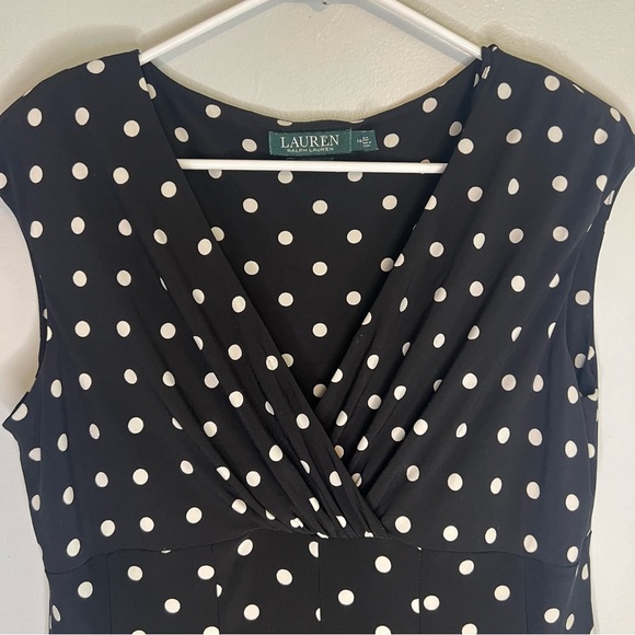 LRL Sleeveless A Line Dress Black White Polka Dot Sz 14P V Neck Classic Preppy - Picture 3 of 10